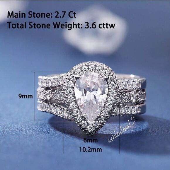 3 Ct Halo Pear Shape Wedding Engagement Band Enhancer Ring Set Sterling Silver - Picture 5 of 9